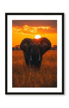 Elephant standing in grassland at sunset.