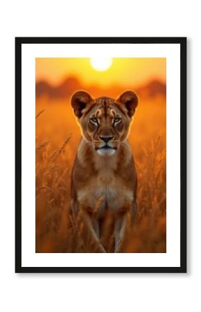 A majestic lioness stands against a stunning sunset, embodying the beauty of the wild. Perfect for wildlife photography, nature conservation, or safari promotions.