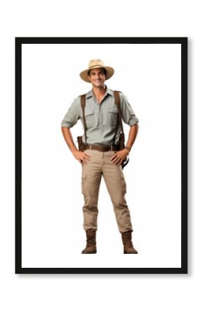 Full body shot of a friendly male safari guide in khaki attire and hat