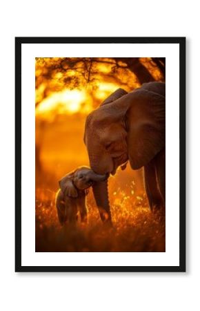 Close-up of an elephant gently tenderly caressing her calf with her trunk with a protective posture