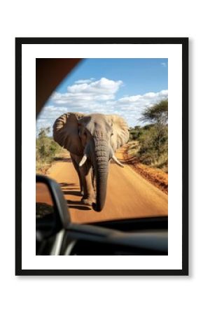 A majestic elephant strides gracefully down a dirt safari track as viewed from a vehicle, capturing the essence of wildlife exploration in natural habitats.