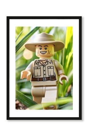 Smiling explorer minifigure in jungle foliage.