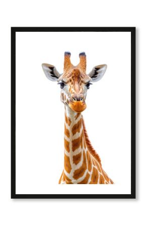 Portrait of a giraffe head with large ears, long neck, and detailed fur texture, adorable wild animal, safari wildlife, and African mammal isolated on transparent background