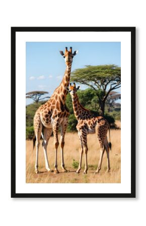 Family Rothschild's giraffe (camelopardalis camelopardalis) walking in a savanna nature. Animals in wildlife and freedom. Giraffe in the wild