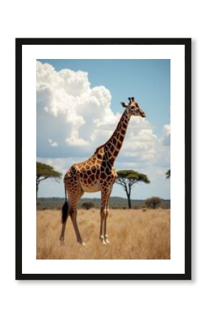 A giraffe standing in the middle of a dry grass field