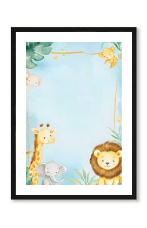 A colorful illustration featuring cute jungle animals in a playful setting.