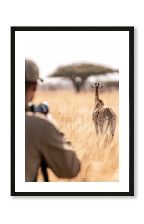 Photographer capturing giraffe in wild African savannah with acacia tree in background safari adventure landscape
