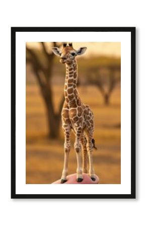 Miniature giraffe standing on fingertip, surreal safari scene, golden hour lighting, African savanna background, photorealistic, high detail, depth of field, optical illusion, tiny animal, giant hand,