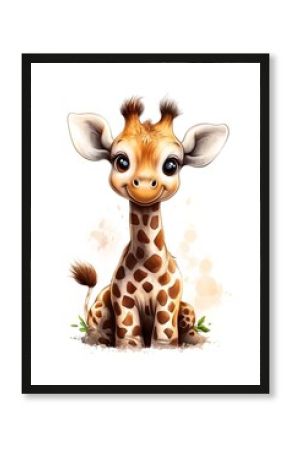Adorable baby giraffe sitting and smiling, a watercolor illustration
