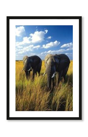 Elephants walk in grass. Savannah background