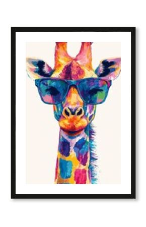 A giraffe wearing sunglasses and a colorful patterned shirt