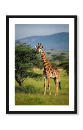 there is a giraffe standing in a field with a tree