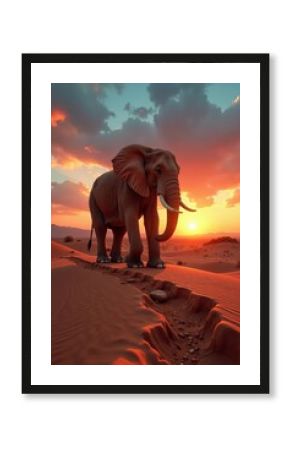 Giant elephant footprint in the middle of a vast desert landscape at sunset, sunsets, safari