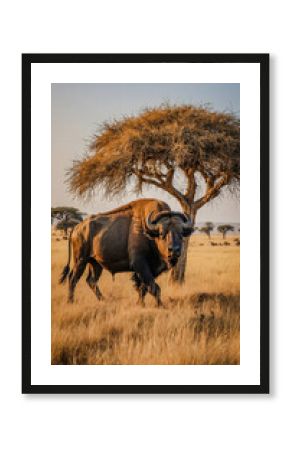 African Buffalo Under a Tree in Golden Grasslands