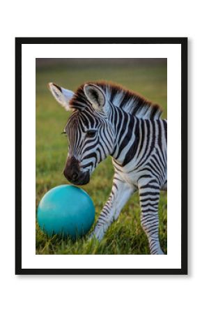 Cute baby zebra playing with a teal ball.