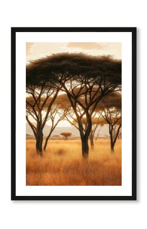 Golden savanna trees at sunrise