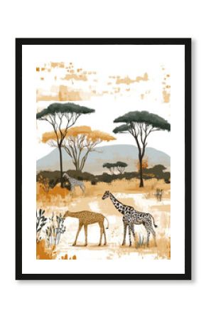 A beautifully hand-painted 2D wildlife scene in a minimalist and stylized African art style, capturing the beauty of the African savannah. The composition features a family of elephants walking beneat