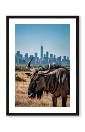 there is a large animal with horns standing in a field