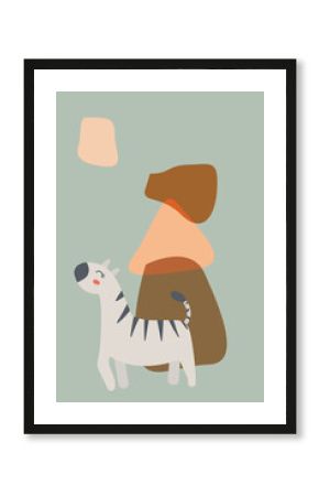 Safari baby zebra on abstract background print for poster. Boho animals poster. Abstract shapes poster