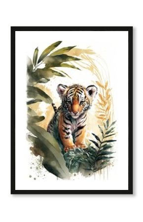 Tiger cub watercolor artwork, generative ai