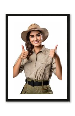 Girl dressed in tour guide costume, thumbs up.