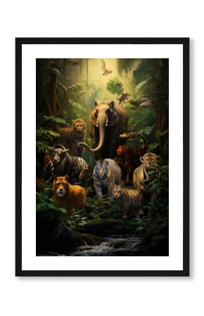 Mixed group of wild animals in the jungle