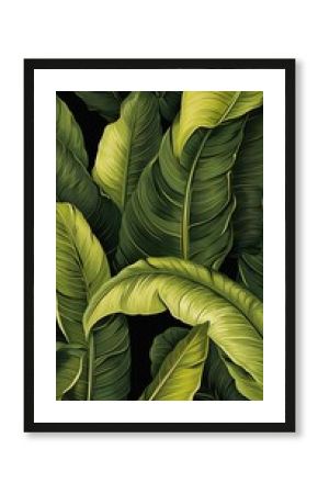 closeup green leaves banana trees illustration safari amazonian background gold butcher design milk flume
