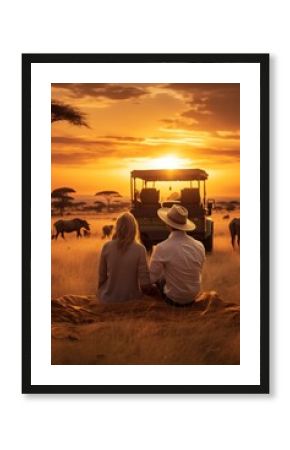 couple sitting on the floor Grass and a jeep in the grass field with wild animals in the background, the sunset