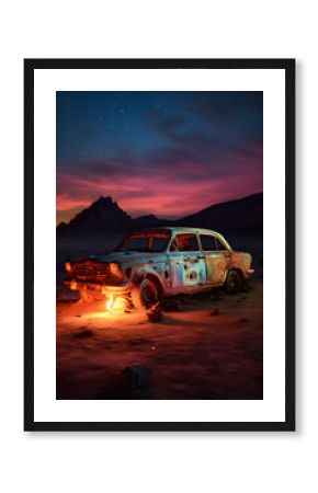 an old car burning on a deserted desert at night