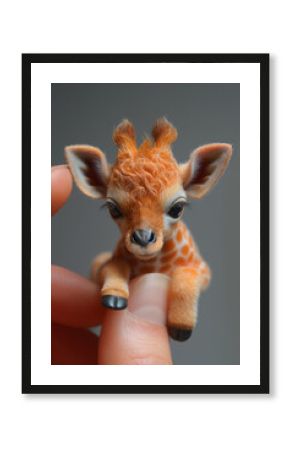 beautiful little orange giraphe resting on the edge of a female finger nails