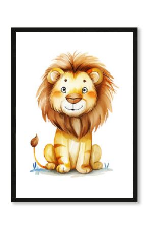 Cute lion, watercolor cartoon baby isolated illustration. Funny safari animal for nursery poster or card