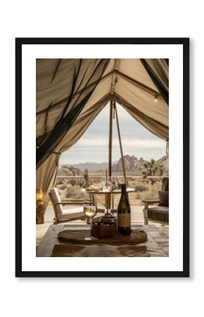 A canvas and wood A-frame glamping tent is comfortably furnished with chairs, wine and lighting with a beautiful view of Joshua Tree mountains from inside an Eco resort, luxury camping safari tent