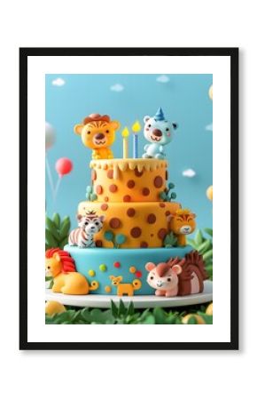 Animal-Themed Birthday Cake with Candles