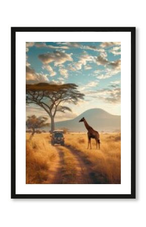 Giraffe standing in the middle of a dirt road, wildlife safari