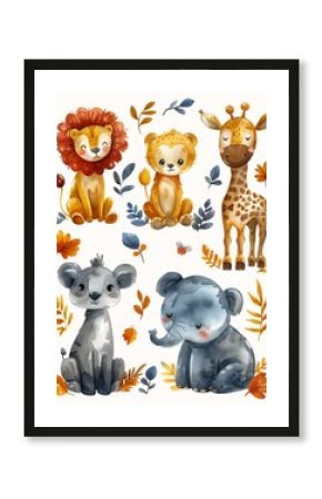 four animals sitting together paper jungle gown large patches plain colors human babies dandelions kind expression hearts color vector safari small horns roaring son