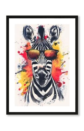 cute zebra wear sunglasses with ink splash art