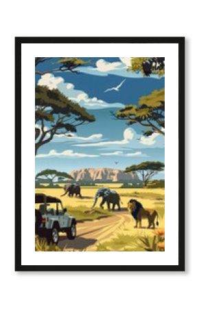 African Safari Landscape with Jeep, Elephants, and Lion