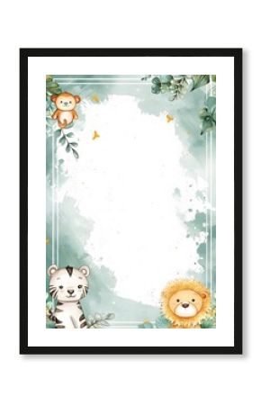 Watercolor jungle animals frame with copy space. Template for quotes, and greetings cards