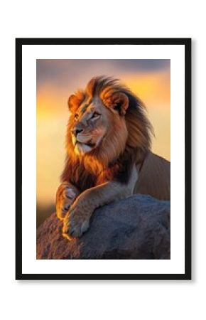 Majestic lion sitting on rock at sunset, wildlife photography concept