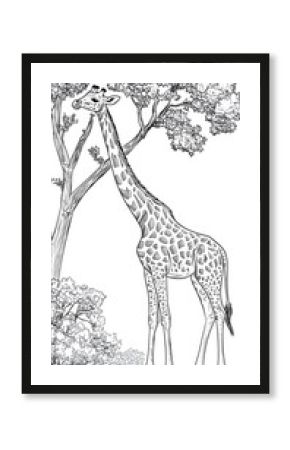 A Giraffe Standing in Front of a Tree in a Black and White Drawing