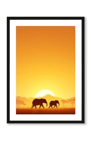Elephants walking across the savannah flat design, side view, safari theme, animation, Complementary Color Scheme