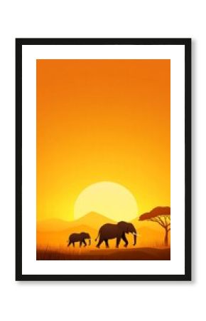 Elephants walking across the savannah flat design, side view, safari theme, animation, Complementary Color Scheme
