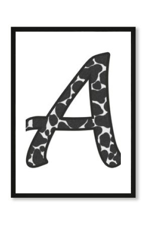 3D illustration Cow Black and white print letter A, animal skin fur decorative character A, Bull or Ox pattern isolate in white background has clipping path dicut. Design font wildlife safari concept.