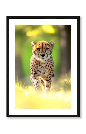 Cheetah running with green forest, and sunlight.