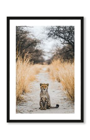 A young cheetah sits on a sandy path framed by tall grasses and trees under a cloudy sky.