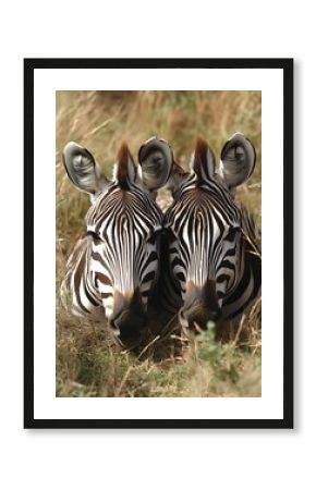 Two Zebras Lying Down Together in Tall Grass Facing Forward
