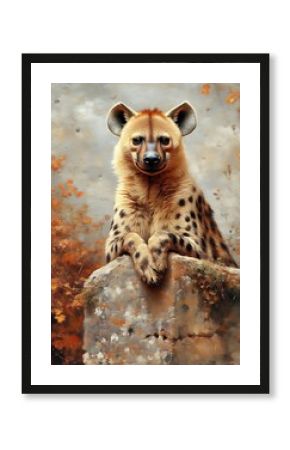 Hyena Portrait on Stone Ledge with Autumnal Background Painting Style