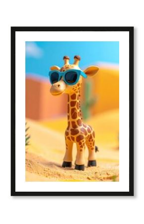 Playful giraffe toy with sunglasses in sunny desert