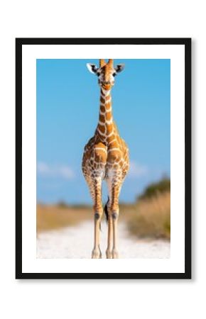 Giraffe on a Savannah Path under a Bright Sky