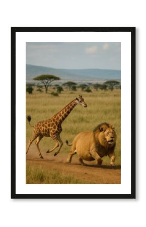 Giraffe chasing lion